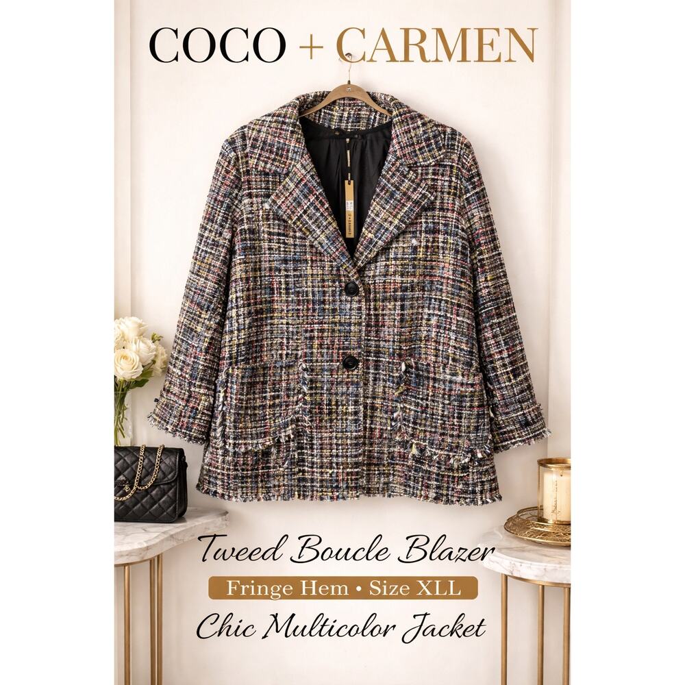 1068 Coco + Carmen Tweed Blazer XXL Boucle Fringe Multicolor Chic Jacket